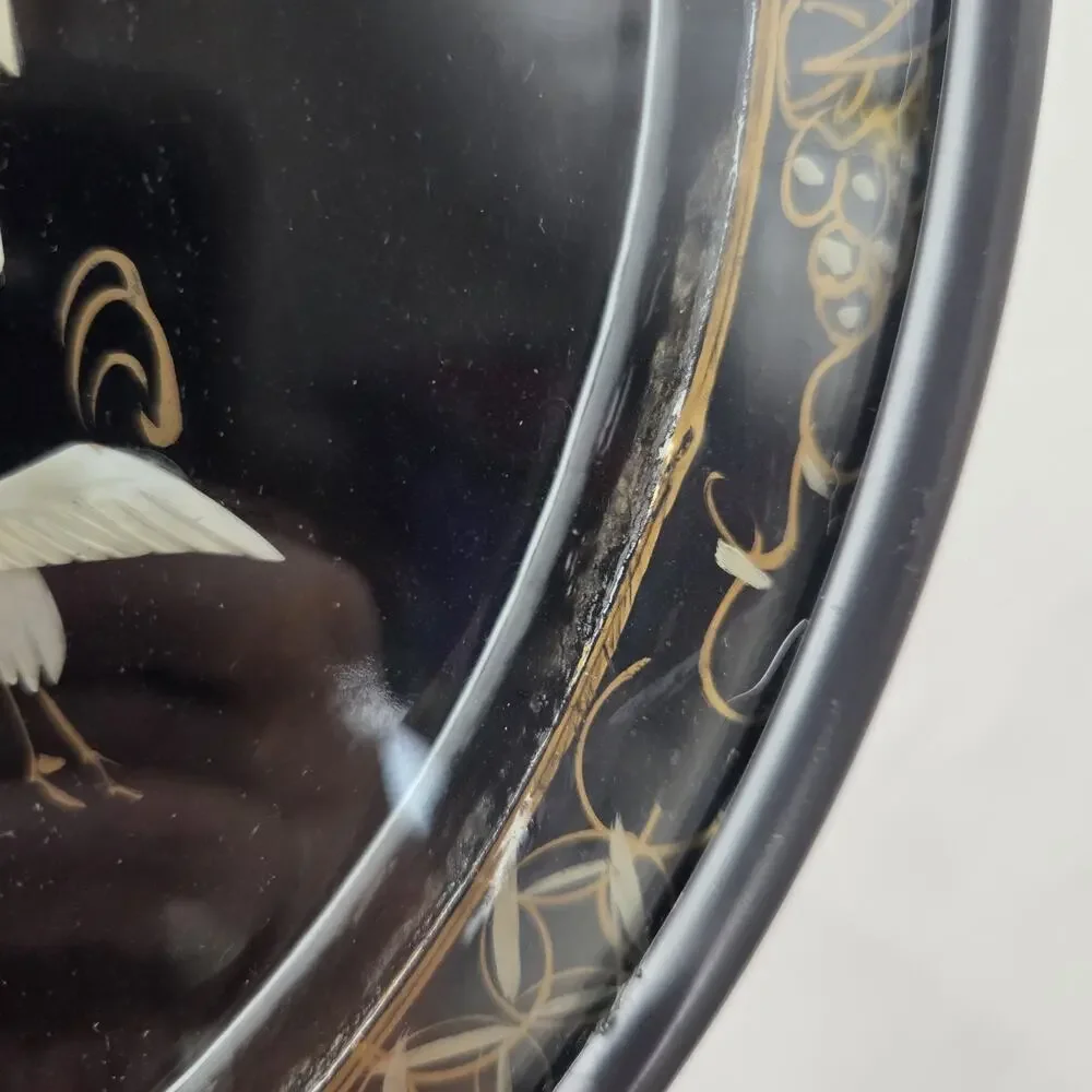 Vintage Asian Mother of Pearl Bird Lacquer Wall Clock 12” Japanese Crane Black